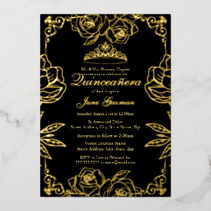 Invitation En Aluminium Jardin de roses Or Noir Quinceanera