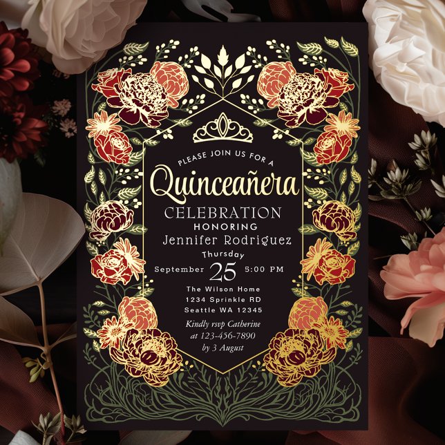 Invitation En Aluminium Jardin enchanté rouge et noir Quinceanera (Créateur téléchargé)