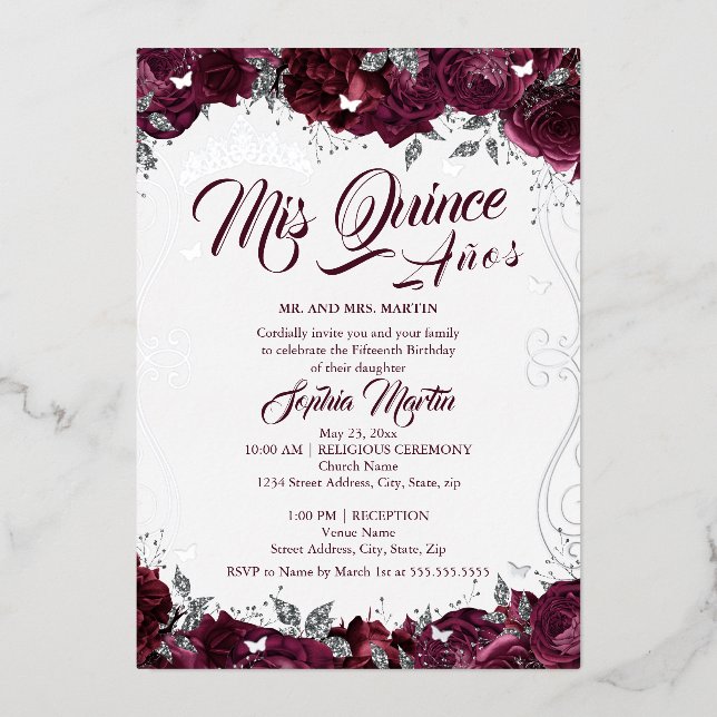 Invitation En Aluminium Jardin Floral Bourgogne Mis Quince Quinceanera (Recto)