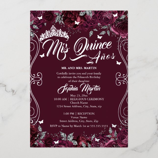 Invitation En Aluminium Jardin Floral Bourgogne Mis Quince Quinceanera (Recto)