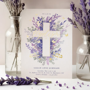 Invitation En Aluminium Jardin Floral Croix Feuillage Violet Baptême Bébé