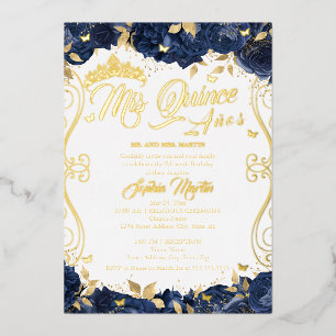 Invitation En Aluminium Jardin Floral Doré Quinceanera Navy Mis Quince 