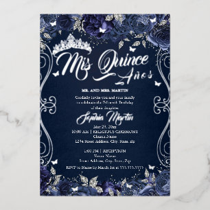 Invitation En Aluminium Jardin Floral Navy Argent Mis Quince Quinceanera