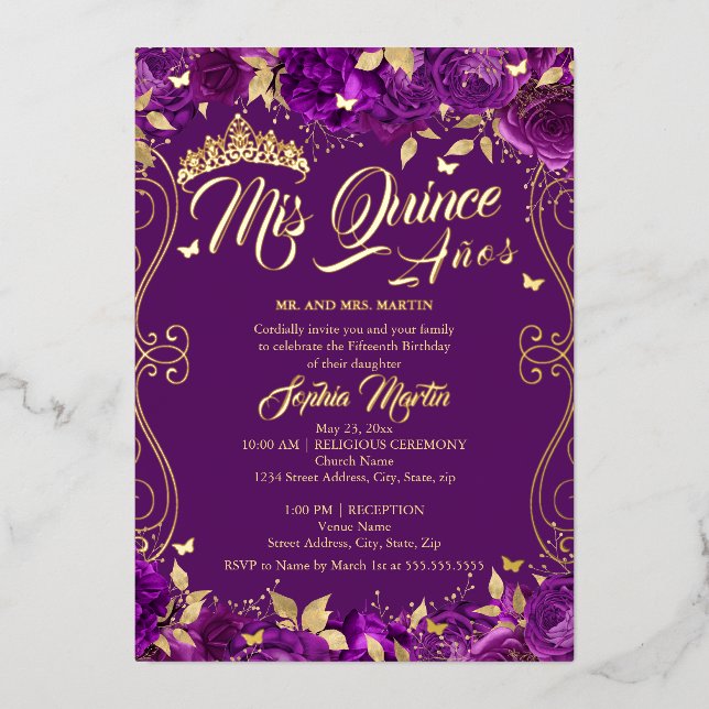 Invitation En Aluminium Jardin Floral Violet Or Mis Quince Quinceanera (Recto)