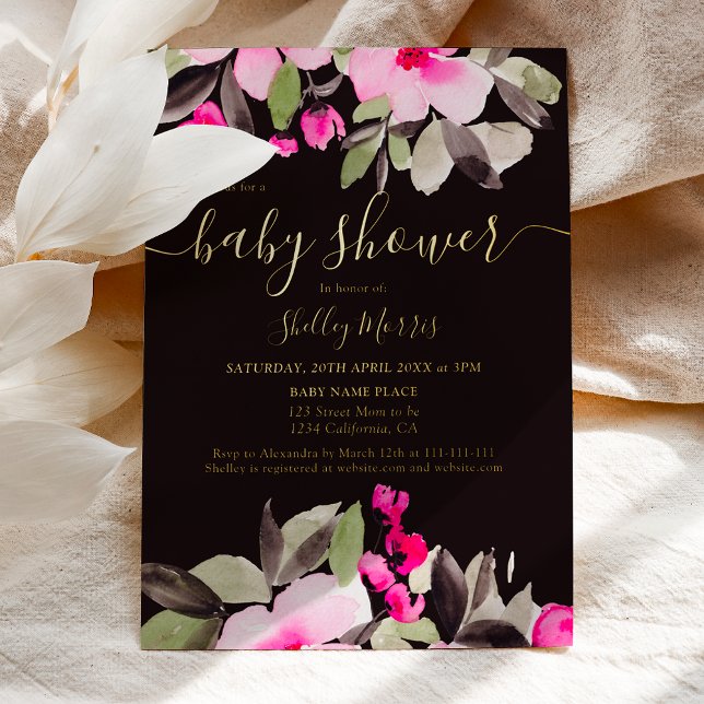 Invitation En Aluminium Jardin joli baby shower d'aquarelle fleurie rose (Garden pretty rea gold foil pink floral watercolor baby shower invitation)
