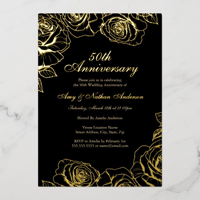 Invitation En Aluminium Jardin Rose d'or noir 50e anniversaire de Mariage (Recto)