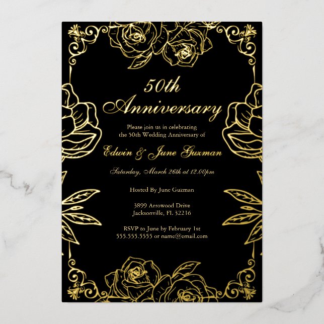 Invitation En Aluminium Jardin Rose d'or noir 50e anniversaire de Mariage (Recto)