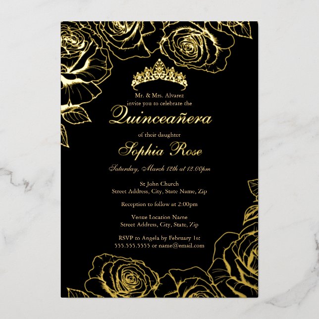 Invitation En Aluminium Jardin Rose en or noir Quinceanera (Recto)