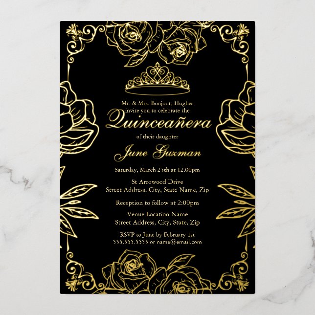 Invitation En Aluminium Jardin Rose en or noir Quinceanera (Recto)