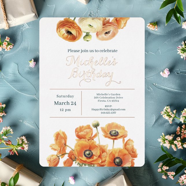 Invitation En Aluminium Jardin rose orange Floral Anniversaire Rose Gold (Créateur téléchargé)