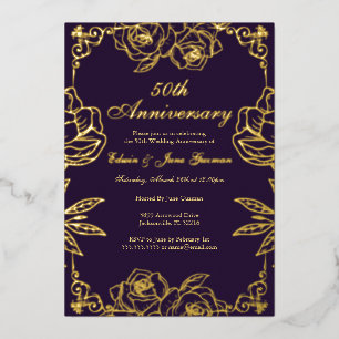 Invitation En Aluminium Jardin Rose Purple Gold 50e anniversaire Mariage