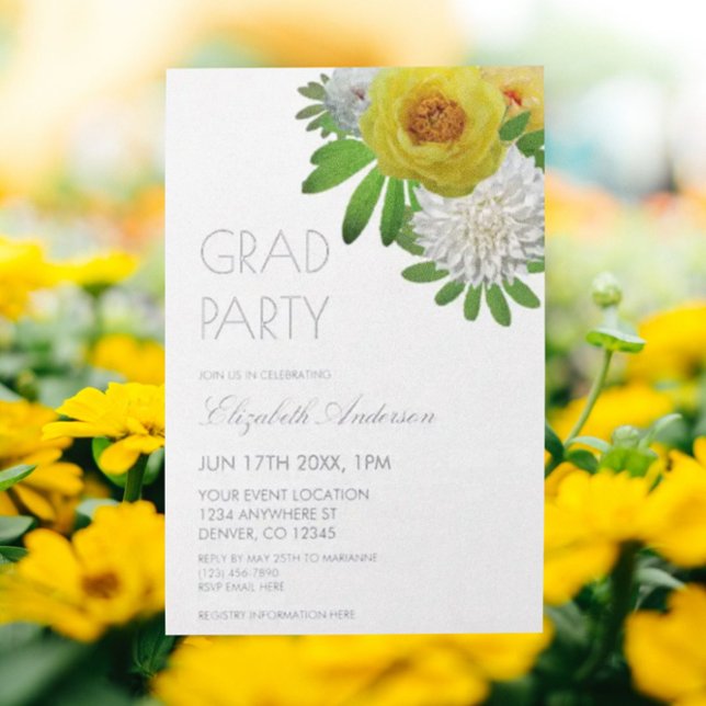 Invitation En Aluminium Jaune & Blanc Floral Graduation Party (Créateur téléchargé)