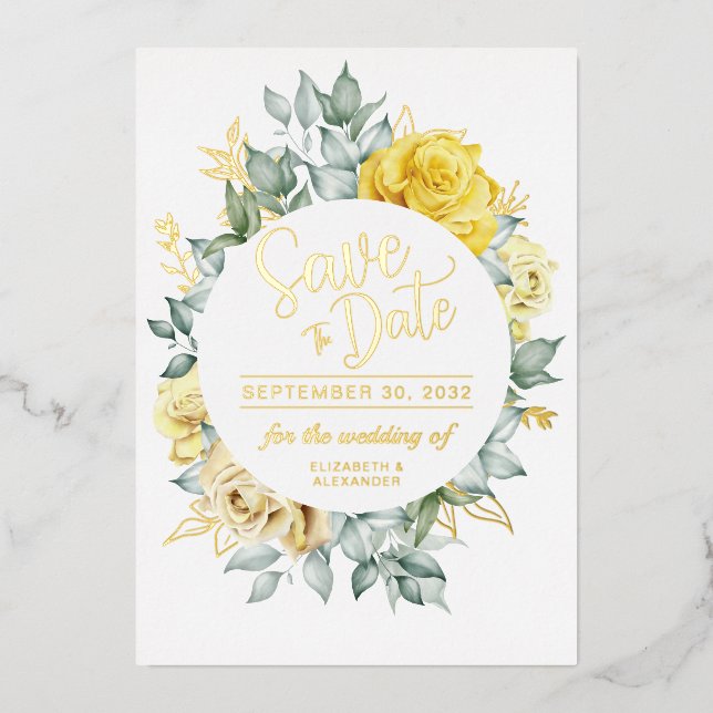 Invitation En Aluminium Jaune fleurie classe botanique mariage Save Date (Recto)