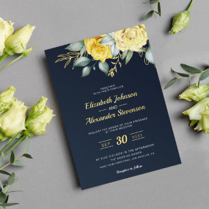 Invitation En Aluminium Jaune fleurie classe verdure bleu marine mariage