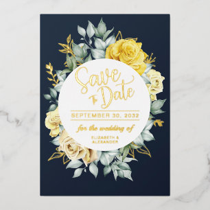 Invitation En Aluminium Jaune floral élégant bleu marine mariage Sauvegard