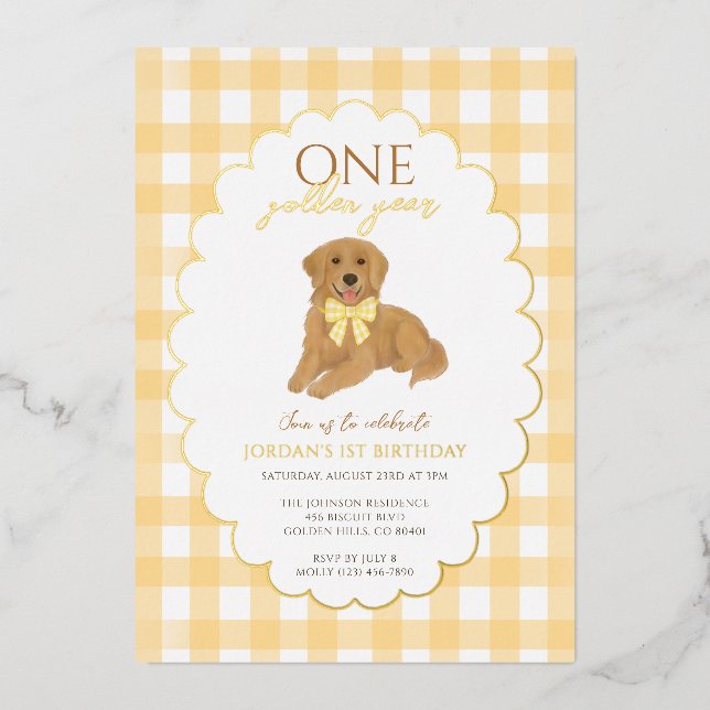 Invitation En Aluminium Jaune Golden Retriever Puppy Pawty 1er anniversair (Recto)