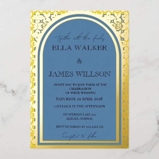 Invitation En Aluminium Jaune Régal à l'Arche Dorée & Bleu Poussiéreux (Un (Recto)