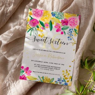Invitation En Aluminium Jaune rose brillant script or floral Sweet 16