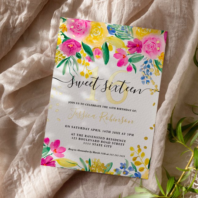 Invitation En Aluminium Jaune rose brillant script or floral Sweet 16 (Créateur téléchargé)