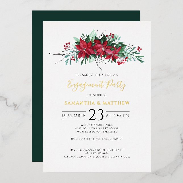 Invitation En Aluminium Jeu de fiançailles de Noël Floral Script Gold (Recto/Verso)