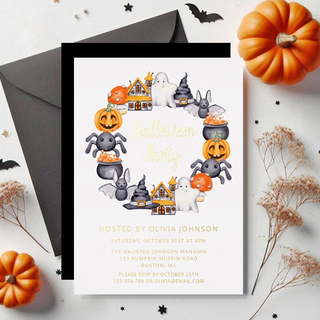 Invitation En Aluminium Joli Black Joyeux Halloween Illustration Part Or (Cute Black Happy Halloween Illustration Part Gold Foil Invitation)