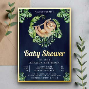 Invitation En Aluminium Jolie adorable Sloth Navy Baby shower bleu or
