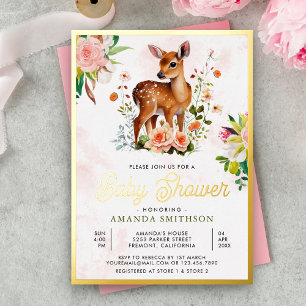 Invitation En Aluminium Jolie décoration florale aquarelle cerf Baby Showe