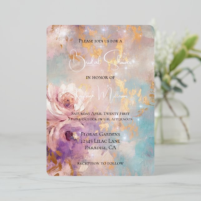 Invitation En Aluminium Jolie douche de mariage florale or aquarelle bleue (Debout devant)