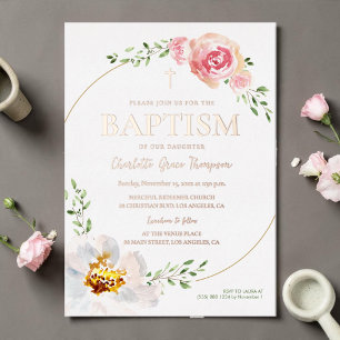 Invitation En Aluminium Jolie rose en or croix baptême photo feuille d'or