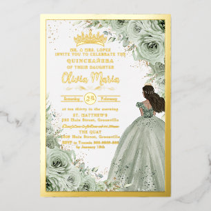 Invitation En Aluminium Jolie vert sauge floral marron princesse Quinceañe