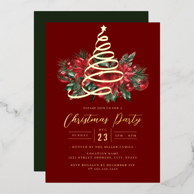 Invitation En Aluminium Jolly Gold Tree Red Foliing Noël Party (Recto/Verso)
