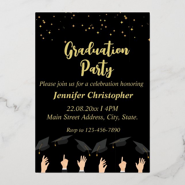 Invitation En Aluminium Jote Modern Black&Gold Étincelle Graduation Party (Recto)