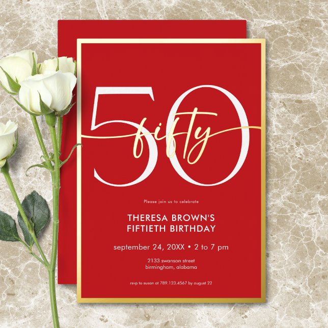 Invitation En Aluminium Jour d'anniversaire minimal rouge cinquante (Modern Minimal Red Fifty Script Birthday Foil Invitation)