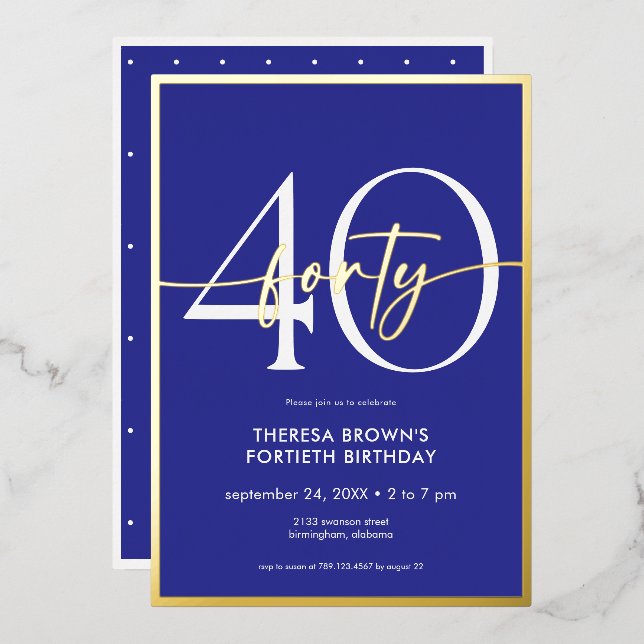 Invitation En Aluminium Jour d'anniversaire minimal Royal Blue Gold Script (Recto/Verso)