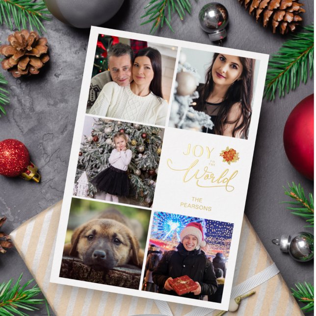 Invitation En Aluminium Joy To the World Poinsettias Collage 5 Photos (Créateur téléchargé)