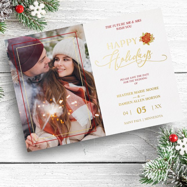 Invitation En Aluminium Joyeuses fêtes Poinsettias Mariage photo de couron (Créateur téléchargé)