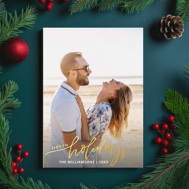 Invitation En Aluminium Joyeuses vacances Calligraphie Script 2 Photos Or (Créateur téléchargé)