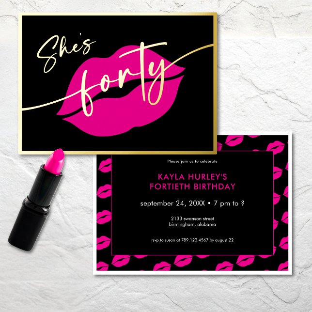 Invitation En Aluminium Joyeux Anniversaire Quarante Ans Lèvres Roses Mini (Modern Minimal Pink Lips She's Fifty Birthday Foil Invitation)