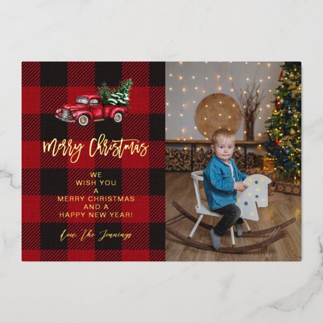 Invitation En Aluminium Joyeux Camion de Noël & Buffalo Check Photo V (Recto)