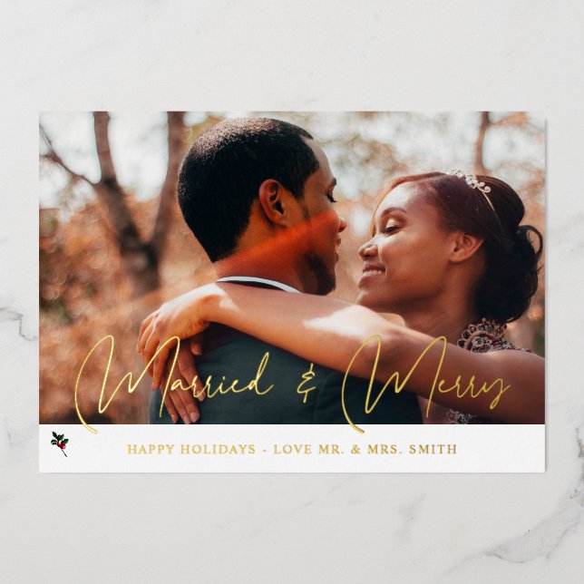 Invitation En Aluminium Joyeux et marié Holly Photo Holiday (Recto)
