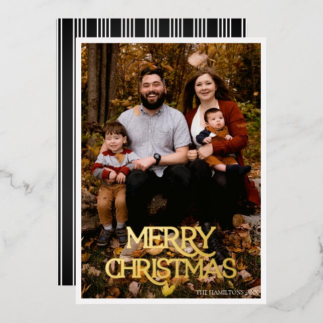 Invitation En Aluminium Joyeux Noël Feuille d'Or Noir et Blanc Rayé (Recto/Verso)