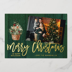 Invitation En Aluminium Joyeux Noël rustique or et vert 4 Multi Photo
