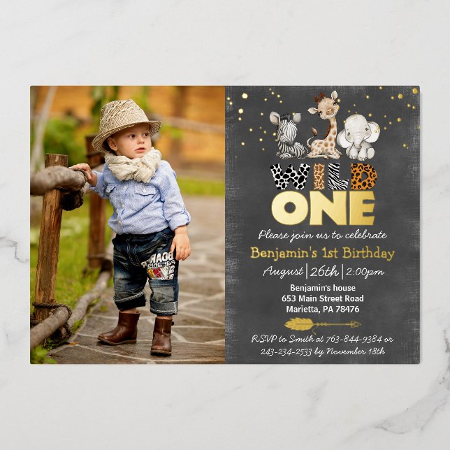 Invitation En Aluminium Jungle Chalkboard Wild Une photo Real Gold Foil in (Recto)