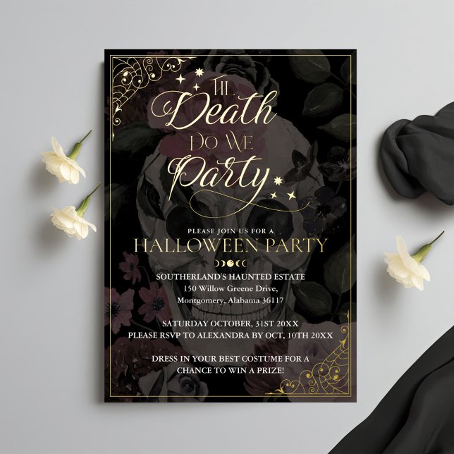 Invitation En Aluminium Jusqu'À La Mort Faisons-Nous Fête Le Crâne Gothiqu (Til Death Do We Party Gothic Skull Halloween Foil Invitation)