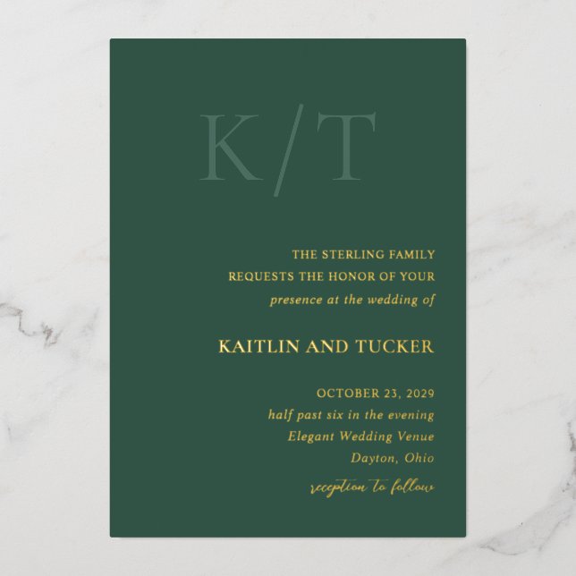 Invitation En Aluminium Kaitlin Hunter Green Bold Monogram Mariage élégant (Recto)