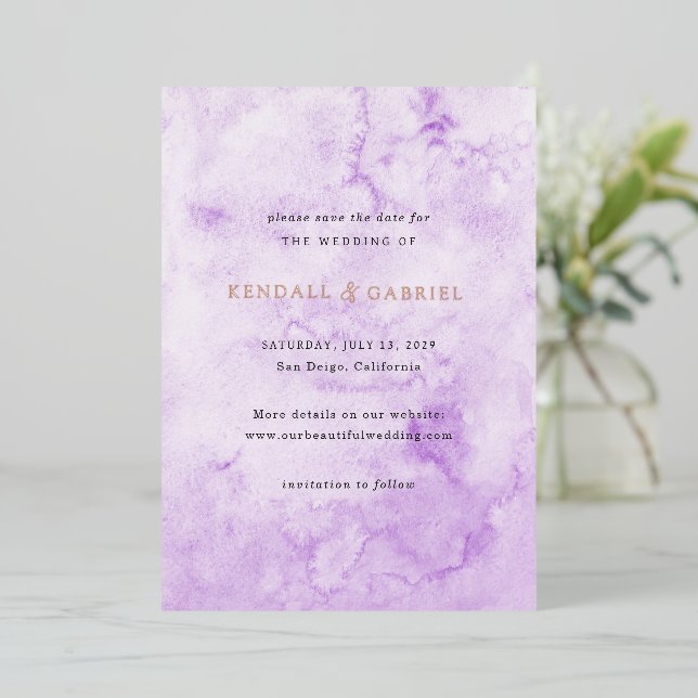 Invitation En Aluminium Kendall Purple Elegant Wedding Enregistrer la date (Debout devant)