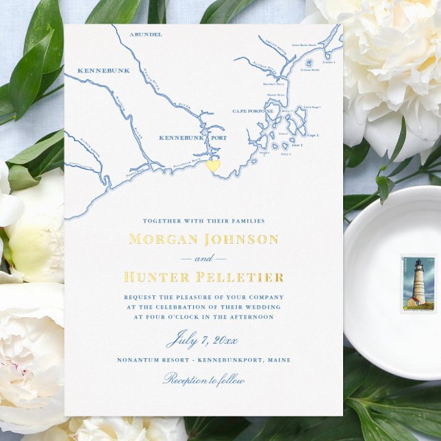 Invitation En Aluminium Kennebunkport Maine Mariage Elegant Marine et or (Kenenbunkport Maine Gold Foil Navy Blue Map Wedding Invitations by Coastal Map Designs)