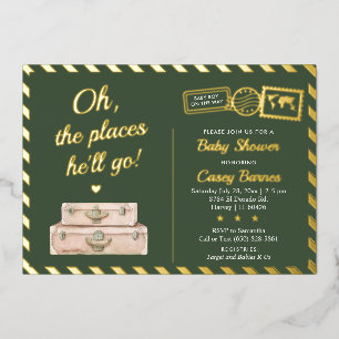 Invitation En Aluminium Khaki Green Gold Adventure Voyage bébé garçon douc