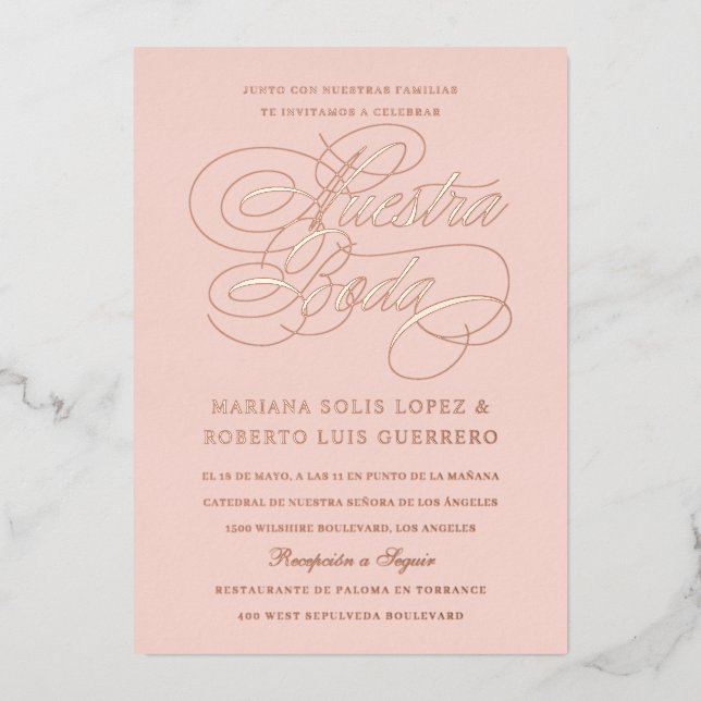 Invitation En Aluminium Langue espagnole Notre Mariage Or Rose (Recto)