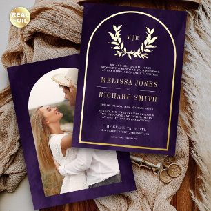 Invitation En Aluminium Laurel Wreath Feuilles Royal Purple Mariage Gold